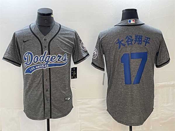 Men%27s Los Angeles Dodgers #17 Shohei Ohtani Gray Cool Base With Patch Stitched Baseball Jersey->los angeles dodgers->MLB Jersey